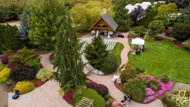 Log House Garden at Willow Lake gazebo ceremony area drone photo. Keizer Oregon Wedding Venue.