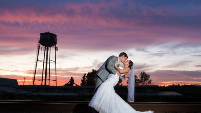 Photography by Cambrae Portland Wedding Photographer couple kissing at sunset. Groom dipping bride.