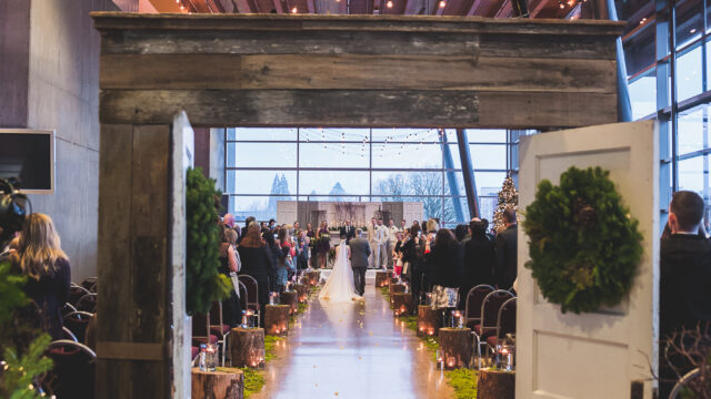 Salem Convention Center Wedding Ceremony with decor from Danner and Soli Event Rentals